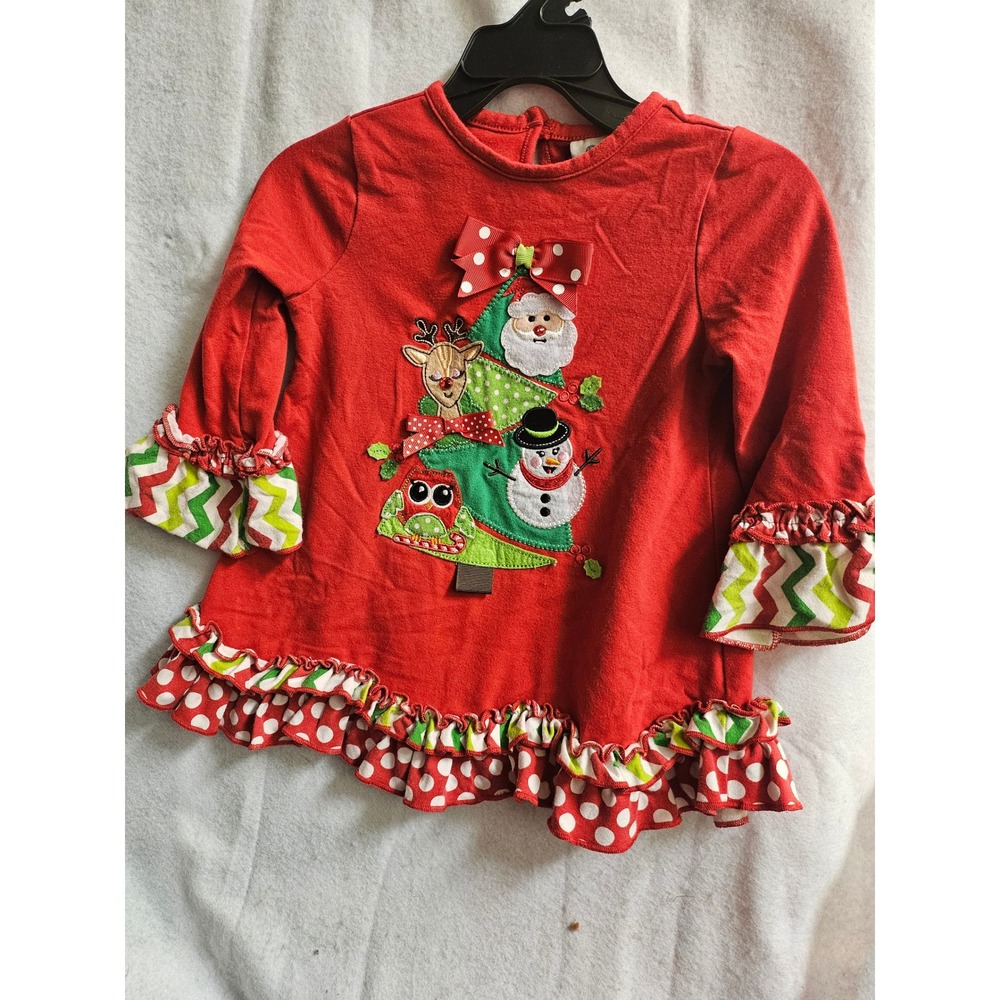 Rare Too Girls Red Christmas Tree Tunic Top Santa Snowman Ruffle Shirt 2T 2028
